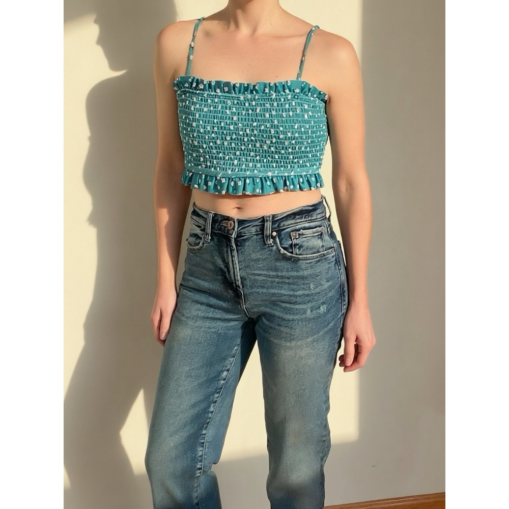 Teal Smocked Crop Cottagecore Summer‎ Fit Fairycore Spaghetti Straps Large - Picture 2 of 16